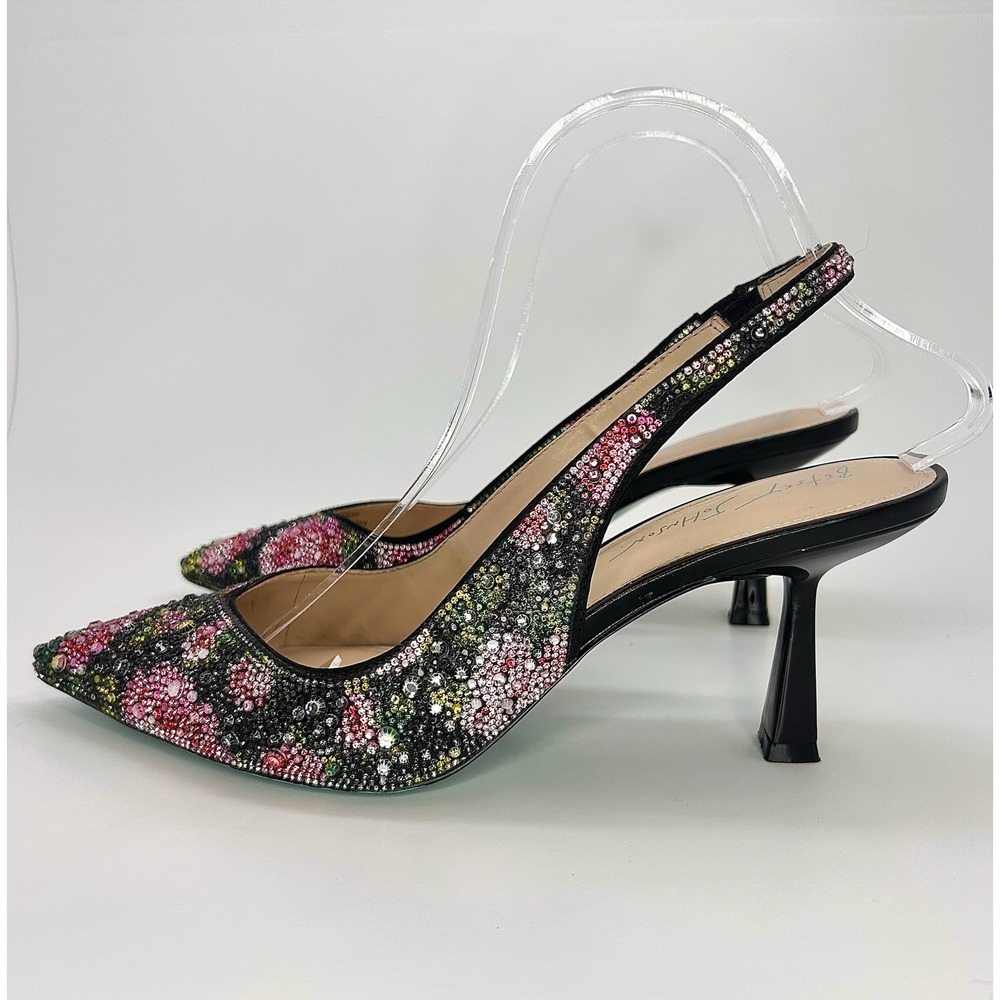 Betsey Johnson Clark Rhinestone Floral Slingback Pumps Black Pink Heels 10 NWOT - Picture 4 of 12